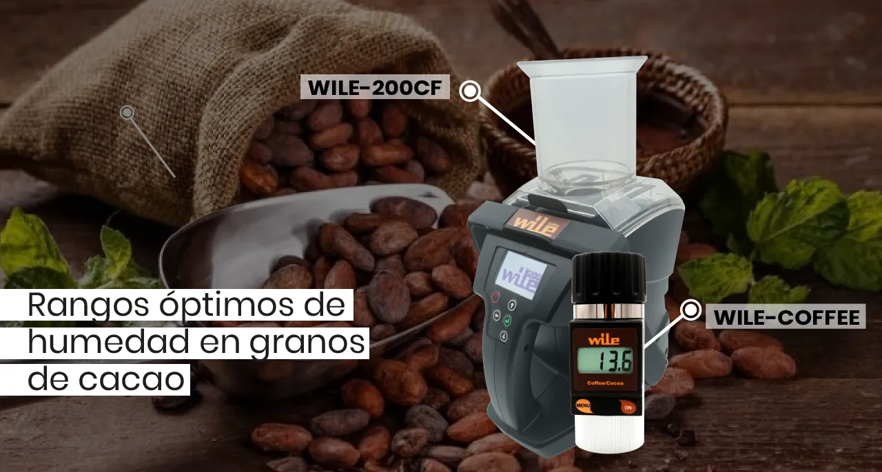imagen de fondo de cacao y 2 equipos de medidores de granos de humedad de cacao marca wile coffe